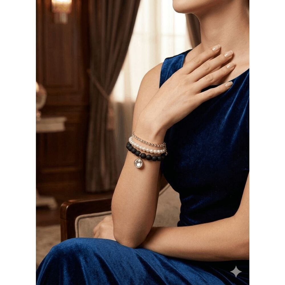 New! Isaac Mizrahi New York 3 Stack Bracelet Set Faux Pearl Beads Gold Chain